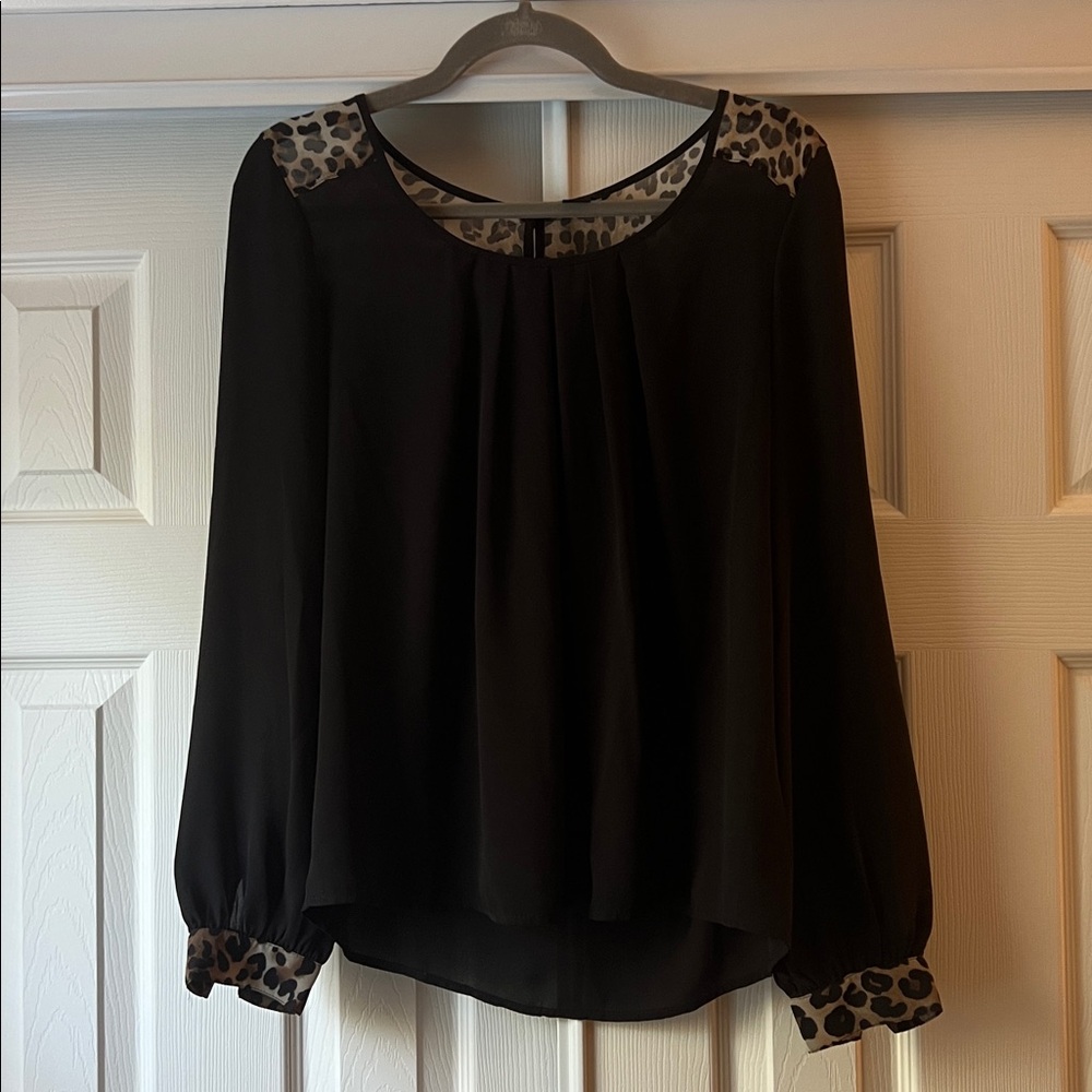 Black Blouse with Leopard Print Accents
